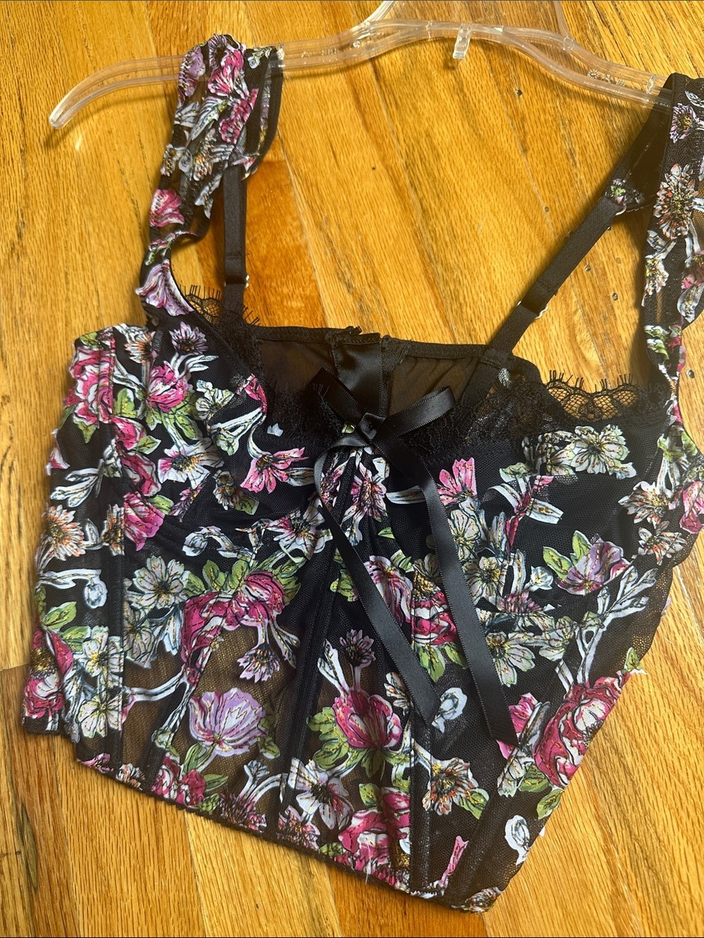 Victoria secret floral bustier black lacey corset top - Picture 3 of 4